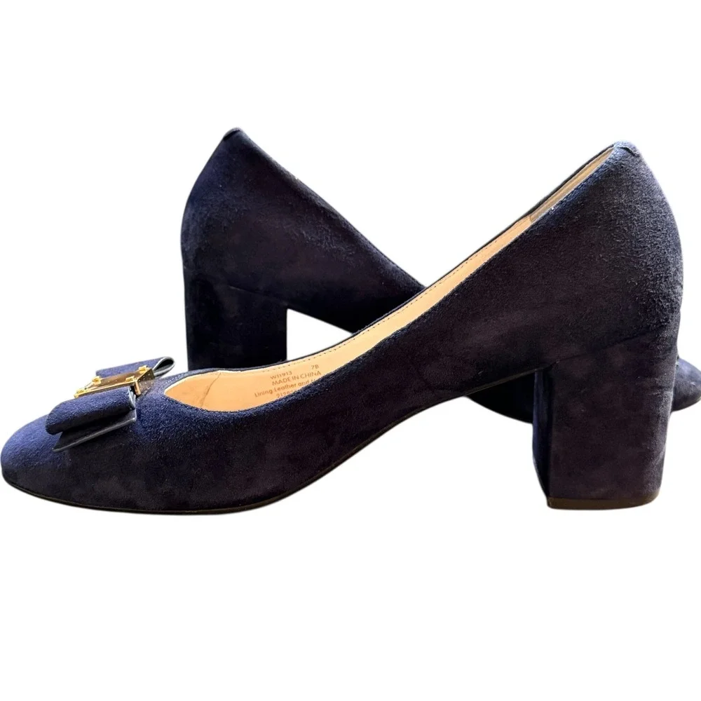 Cole Haan Womens Tali Bow Block Heel Pump Blue Suede Feminine Career Size‎ 7B